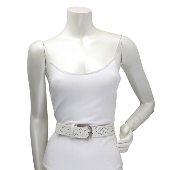 Faux Leather Perforated Die Cut Belt White Silver Buckle Retro Y2K - Picture 2 of 8